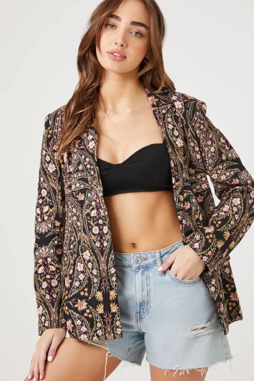 Linen-Blend Floral Print Blazer