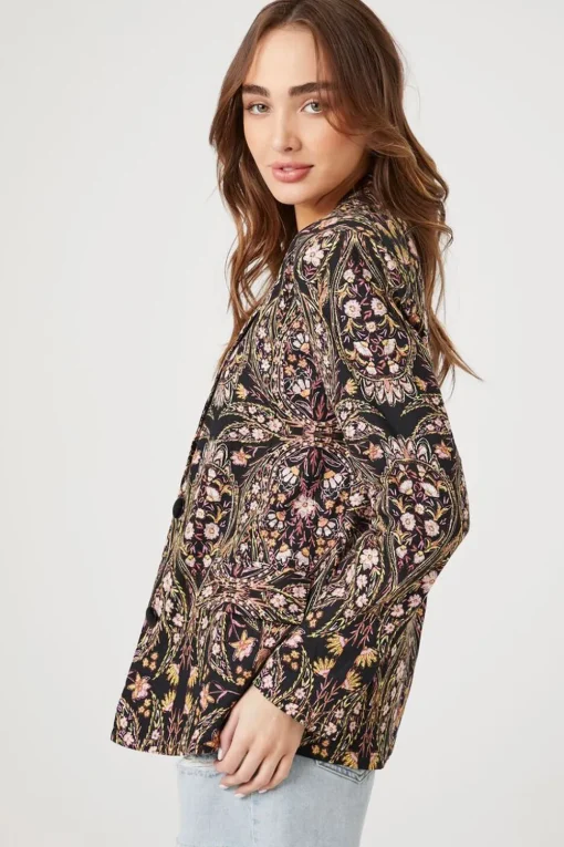 Linen-Blend Floral Print Blazer