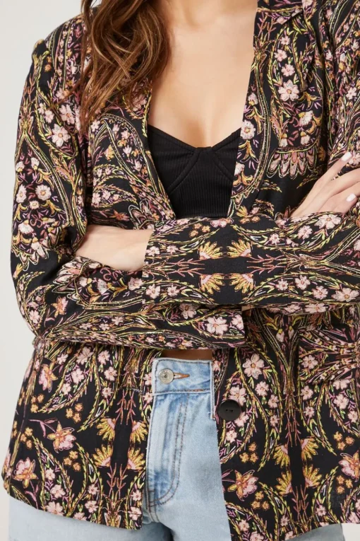 Linen-Blend Floral Print Blazer