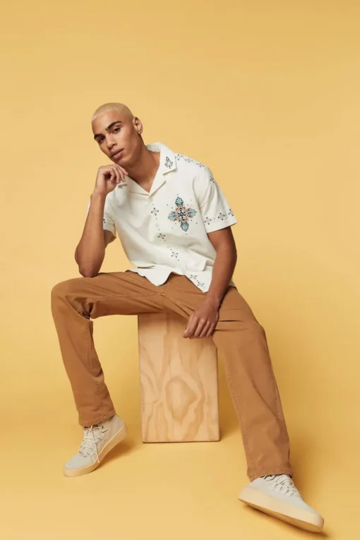 Linen-Blend Short-Sleeve Embroidered Shirt