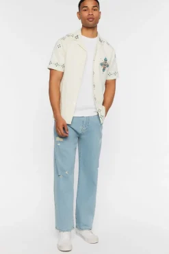 Linen-Blend Short-Sleeve Embroidered Shirt