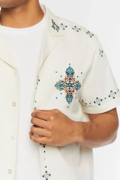 Linen-Blend Short-Sleeve Embroidered Shirt