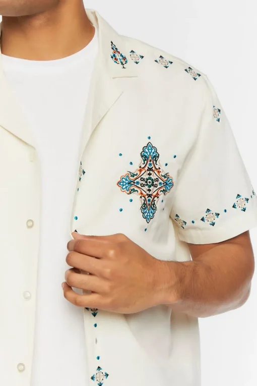 Linen-Blend Short-Sleeve Embroidered Shirt