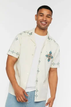 Linen-Blend Short-Sleeve Embroidered Shirt