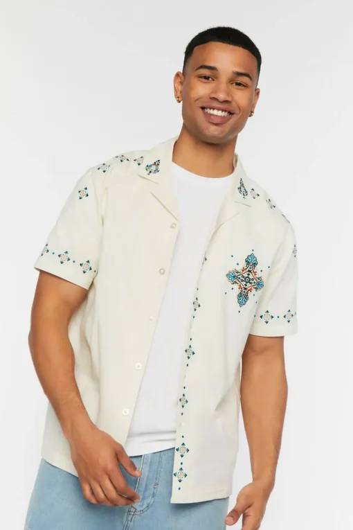 Linen-Blend Short-Sleeve Embroidered Shirt