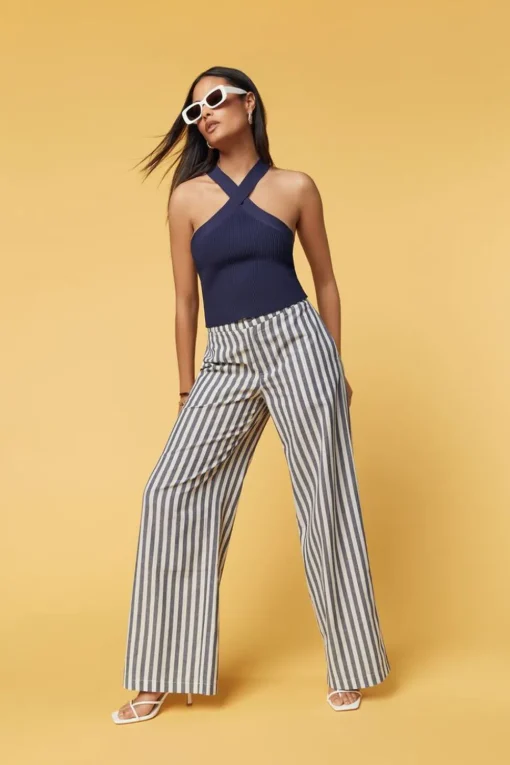 Linen-Blend Striped Wide-Leg Pants