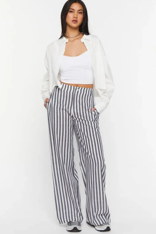 Linen-Blend Striped Wide-Leg Pants