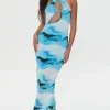 Mesh Abstract Print Midi Dress