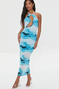 Mesh Abstract Print Midi Dress
