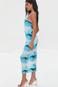 Mesh Abstract Print Midi Dress