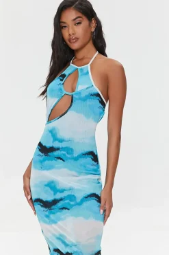 Mesh Abstract Print Midi Dress