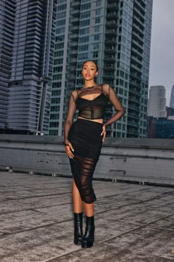 Mesh Bodycon Midi Skirt