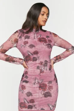 Mesh Butterfly Rose Print Mini Dress