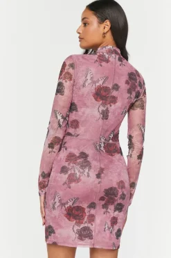 Mesh Butterfly Rose Print Mini Dress