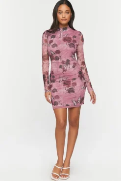 Mesh Butterfly Rose Print Mini Dress