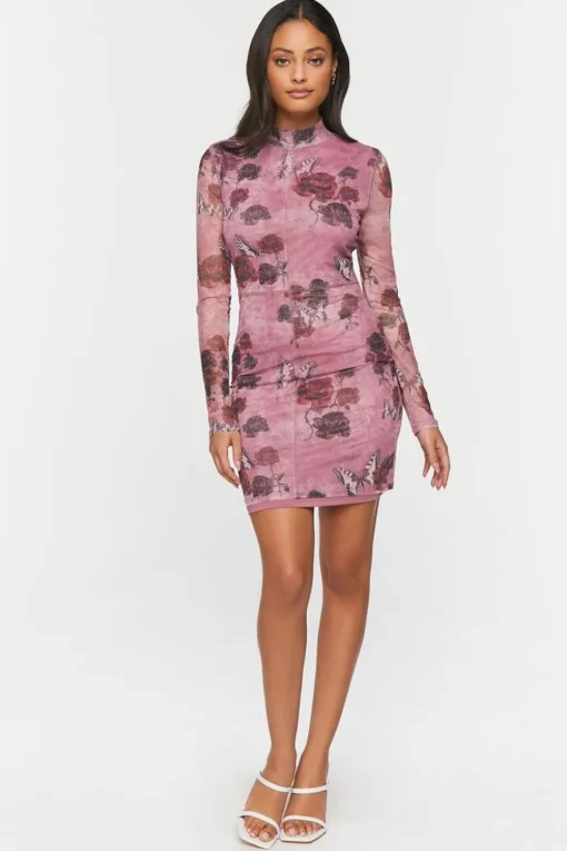 Mesh Butterfly Rose Print Mini Dress