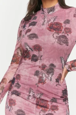 Mesh Butterfly Rose Print Mini Dress