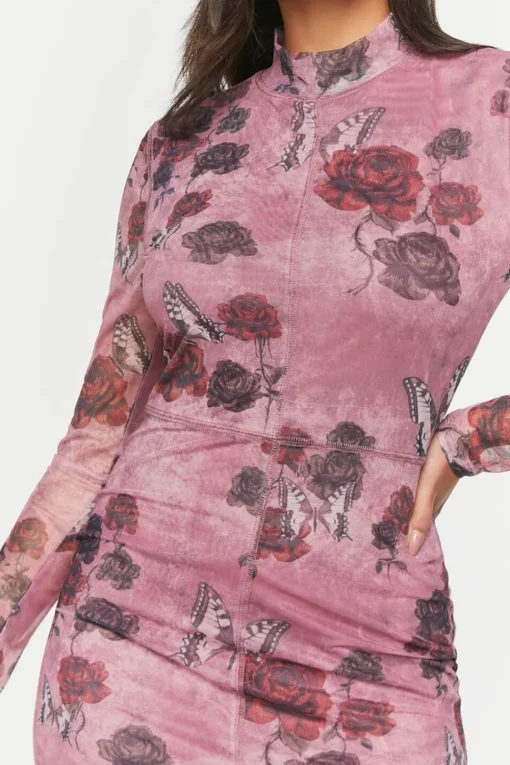 Mesh Butterfly Rose Print Mini Dress