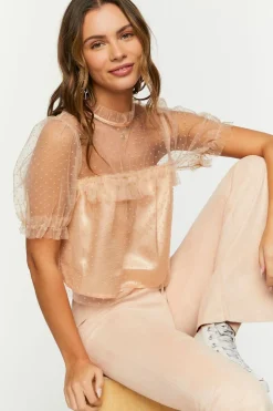 Mesh Clip-Dot Ruffle-Trim Top