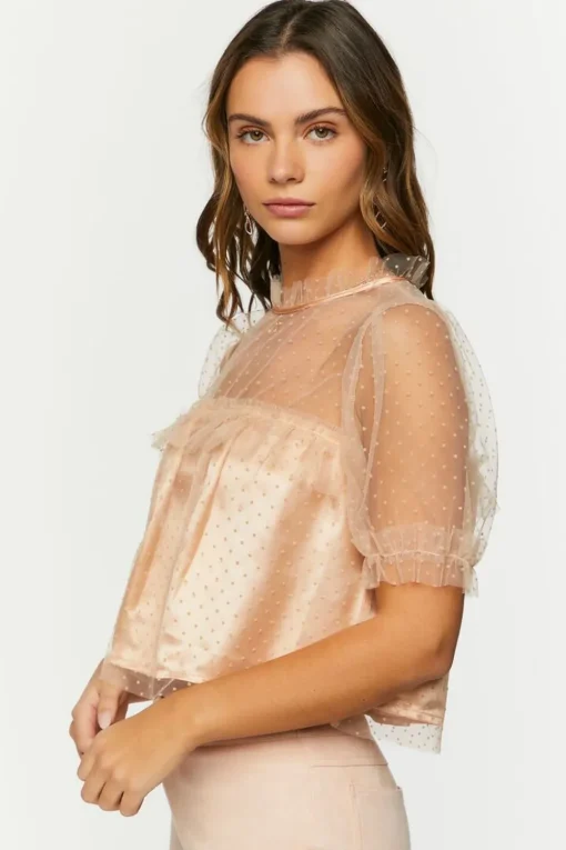 Mesh Clip-Dot Ruffle-Trim Top