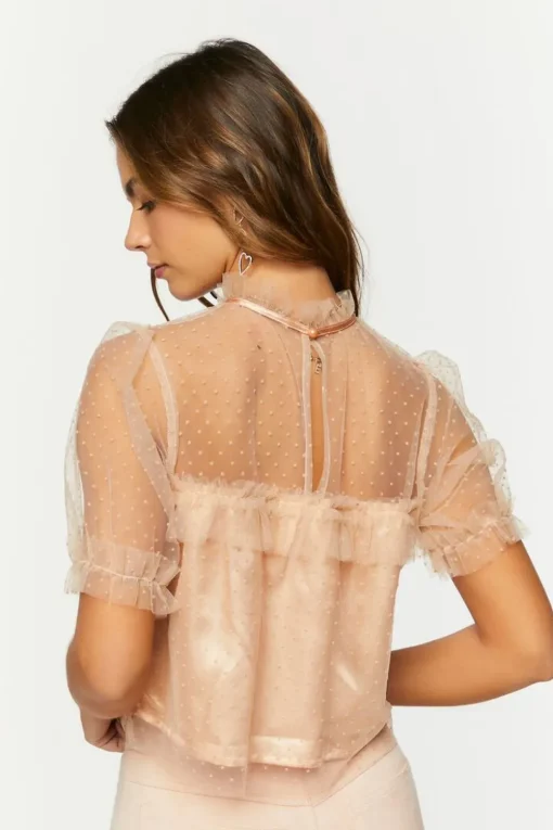 Mesh Clip-Dot Ruffle-Trim Top