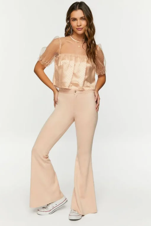 Mesh Clip-Dot Ruffle-Trim Top