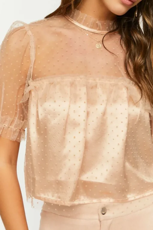 Mesh Clip-Dot Ruffle-Trim Top