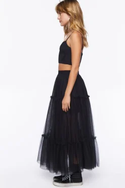 Mesh Crop Top & Tiered Maxi Skirt Set