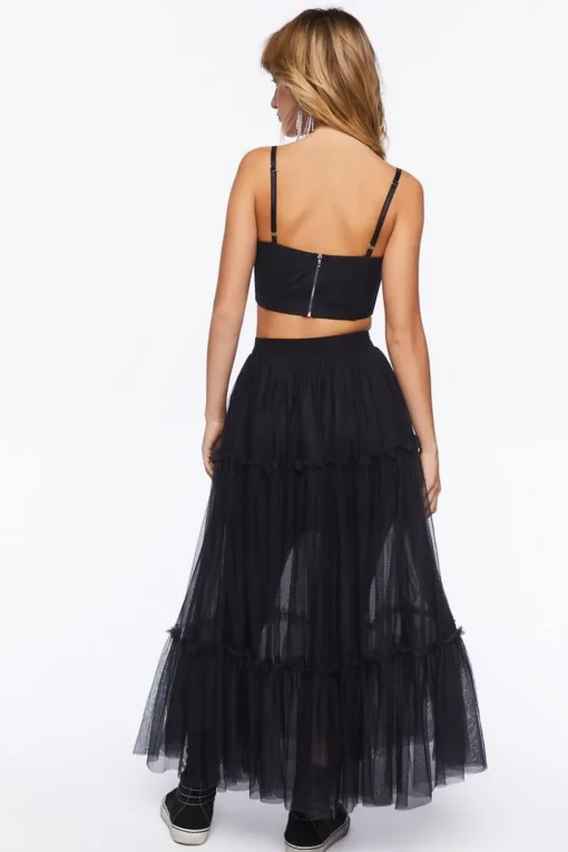 Mesh Crop Top & Tiered Maxi Skirt Set