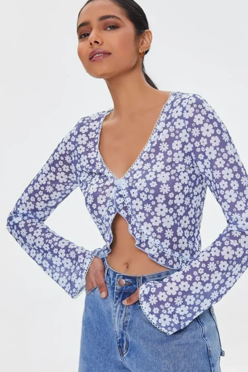 Mesh Floral Print Crop Top