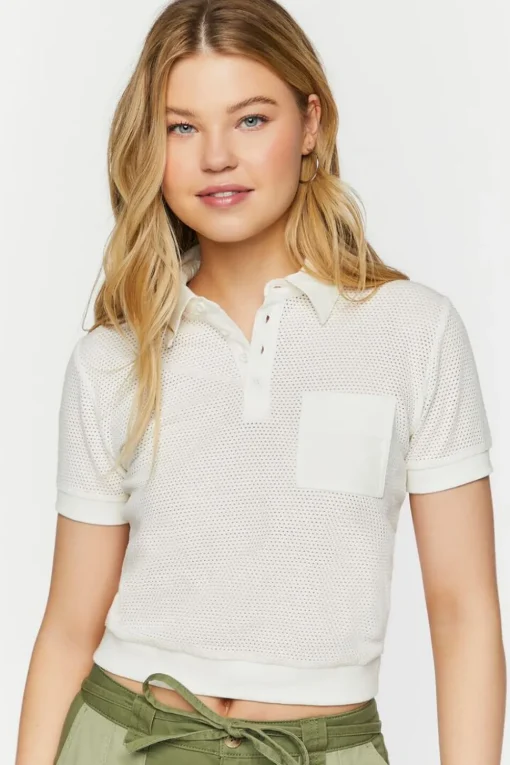 Mesh Netted Cropped Polo Shirt