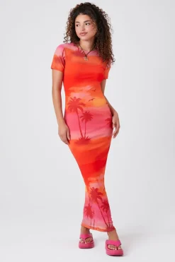 Mesh Palm Tree Midi Dress