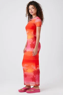 Mesh Palm Tree Midi Dress
