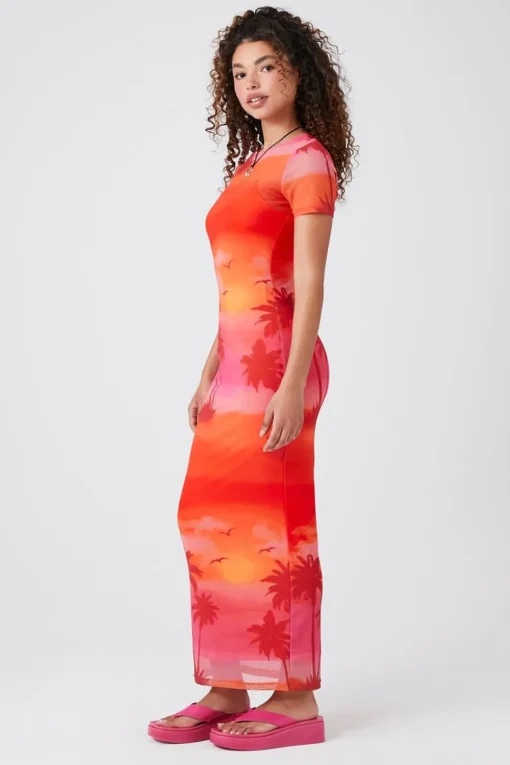 Mesh Palm Tree Midi Dress