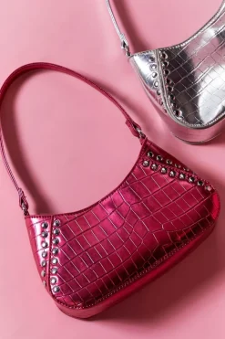 Metallic Faux Croc Leather Shoulder Bag