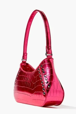 Metallic Faux Croc Leather Shoulder Bag