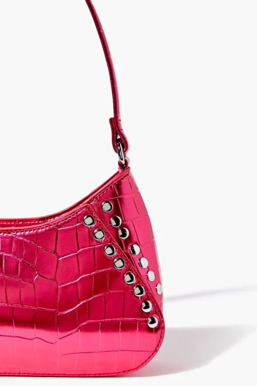 Metallic Faux Croc Leather Shoulder Bag