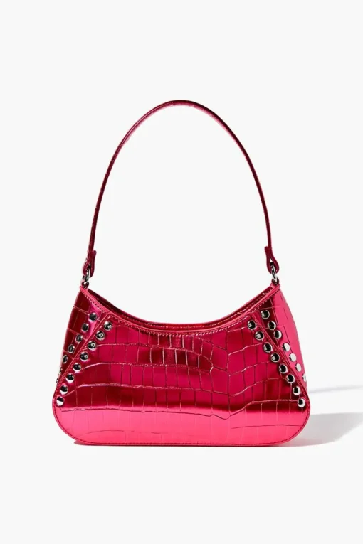 Metallic Faux Croc Leather Shoulder Bag
