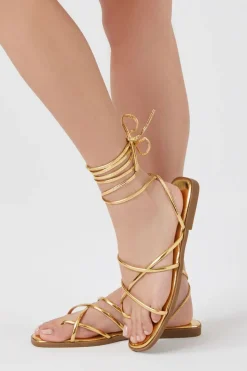 Metallic Strappy Lace-Up Sandals