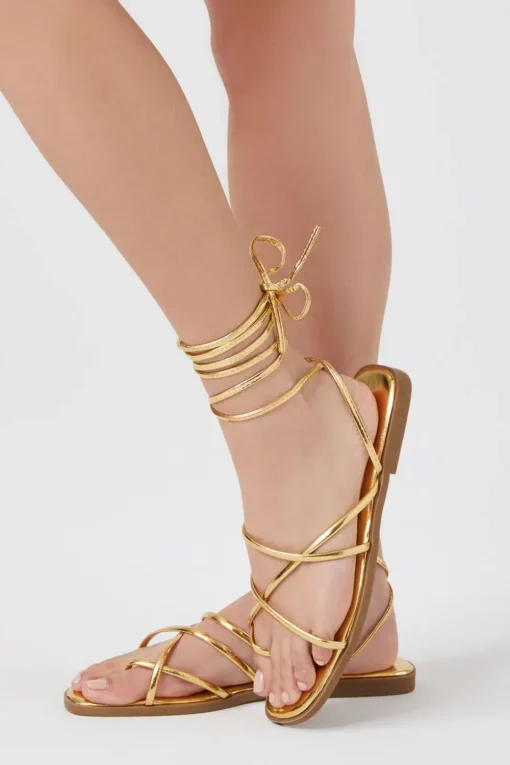 Metallic Strappy Lace-Up Sandals