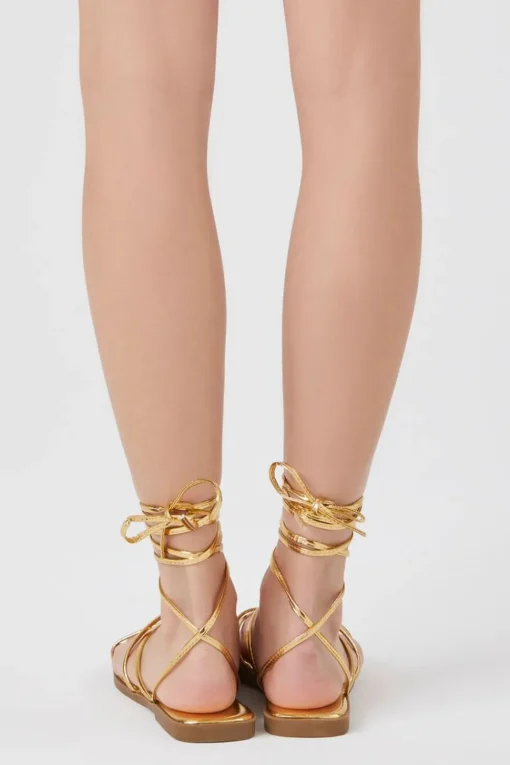 Metallic Strappy Lace-Up Sandals