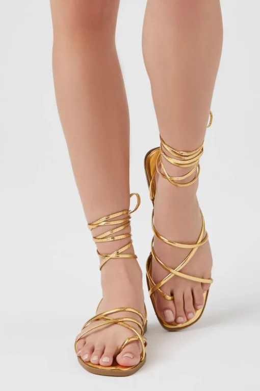 Metallic Strappy Lace-Up Sandals