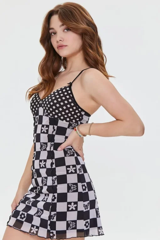 Mixed Print Mesh Mini Dress