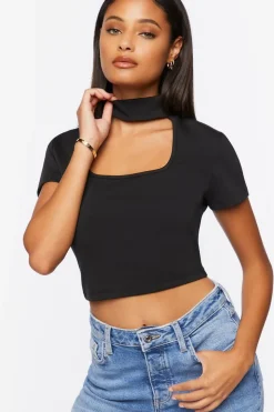 Mock Neck Cutout Crop Top