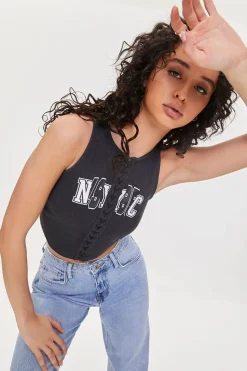 Nyc Graphic Lace-Up Crop Top