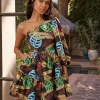 One-Shoulder Tropical Print Mini Dress