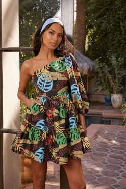 One-Shoulder Tropical Print Mini Dress