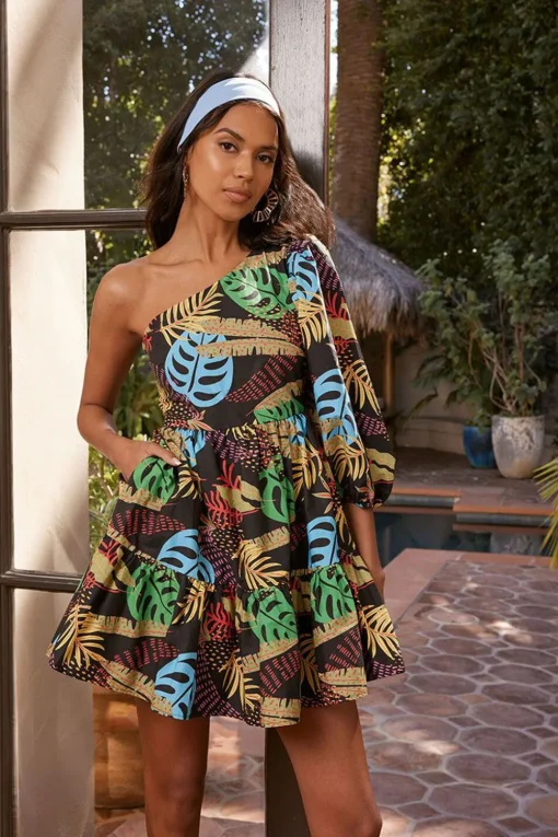 One-Shoulder Tropical Print Mini Dress