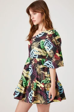One-Shoulder Tropical Print Mini Dress