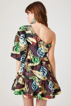 One-Shoulder Tropical Print Mini Dress